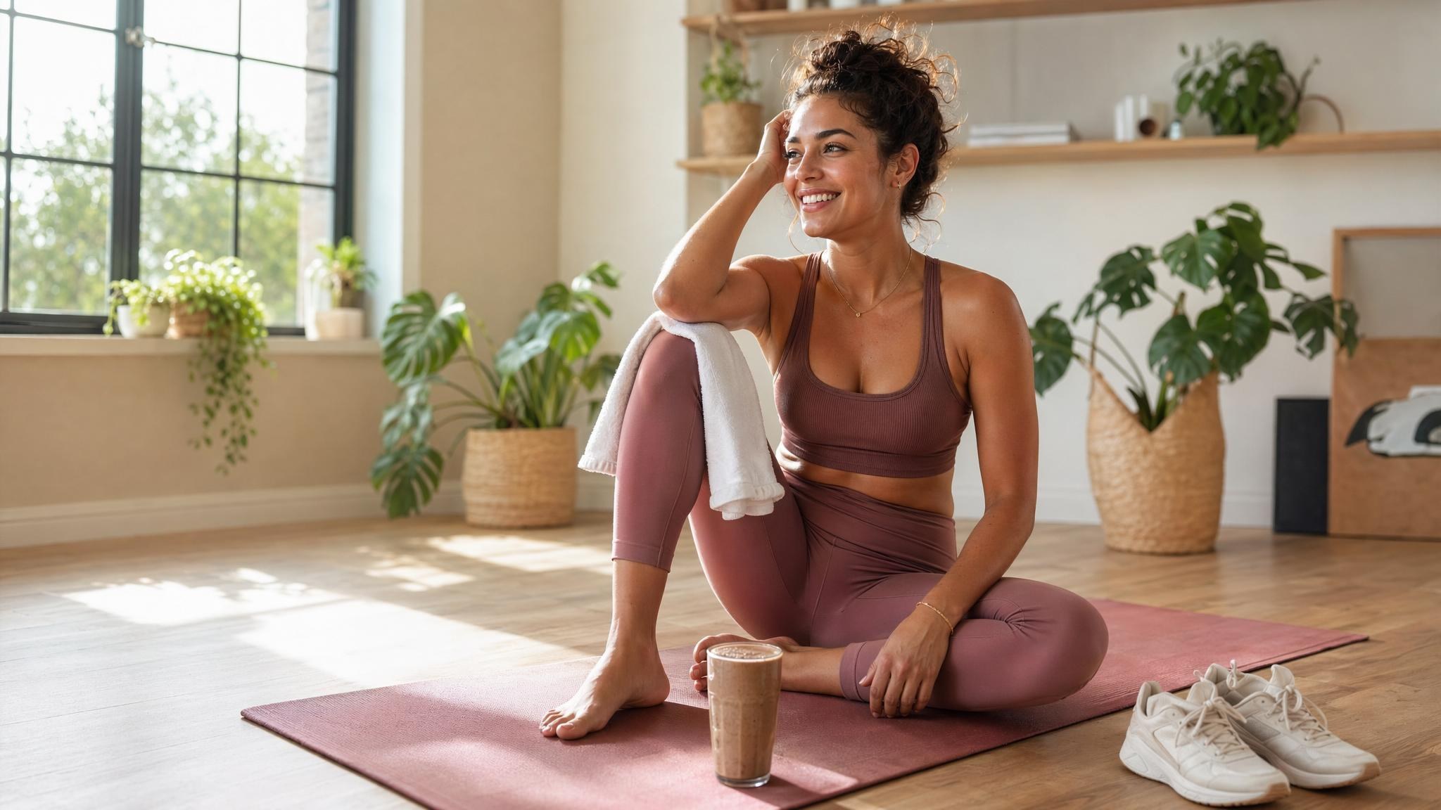 Woman in her forties smiling after movement with a chocolate smoothie nearby